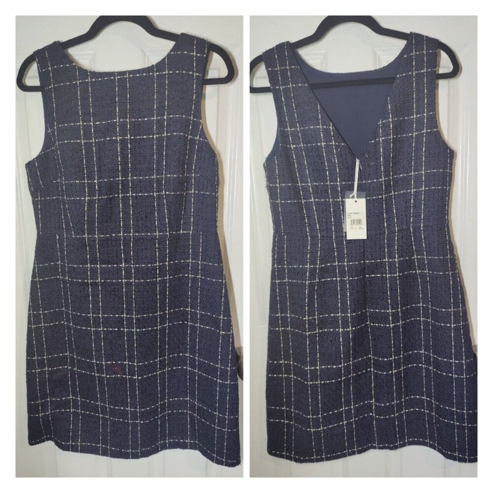Flora Bea Navy Blue/Gold Tweed Sleeveless V-Back Knee‎ Length Shift Dress L NWT